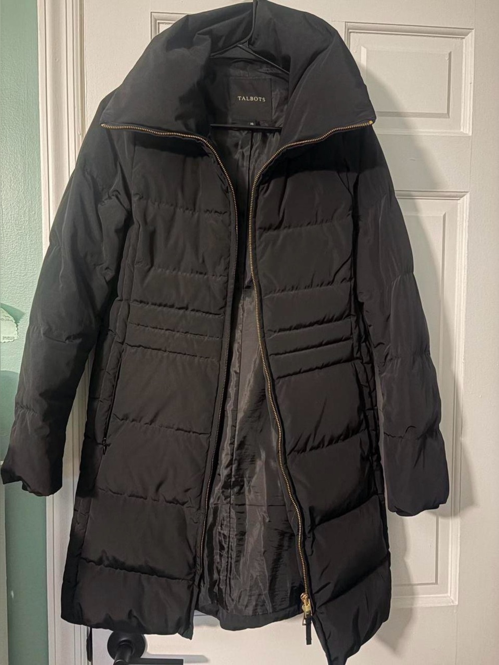 Talbots Black Long Quilted Puffer Coat with Gold Zip